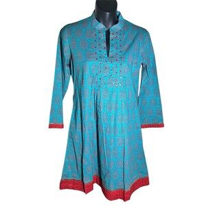 Westside Tunic Dress Sz XS Turquoise Red Floral Sequins